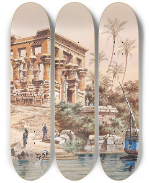 Triptych art skateboard deck of Friedrich Perlberg Tempel Von Philae by Friedrich Perlberg (1848-1921)