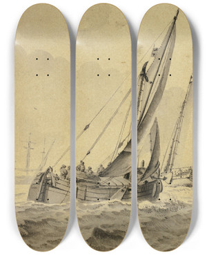 Triptych art skateboard deck of Cornelis De Grient Boats In Full Sail by Cornelis de Grient (1691-1783)