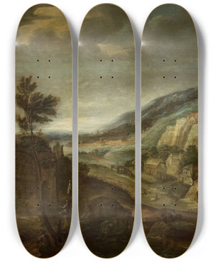 Triptych art skateboard deck of Jan Willemsz Decker Mountain Landscape by Jan Willemsz Decker (1553-1616)