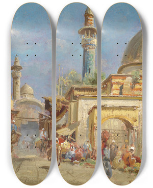 Triptych art skateboard deck of Carl Wuttke Orientalisches Strassenmotiv by Carl Wuttke (1849-1927)
