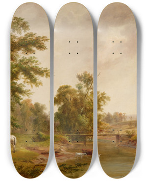 Triptych art skateboard deck of Jacob Cox Scene In Indianapolis by Jacob Cox (1810-1892)
