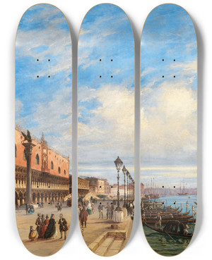 Triptych art skateboard deck of Giovanni Grubas Venice View Of The Molo With The Libreria And The Doges Palace by Giovanni Grubas
