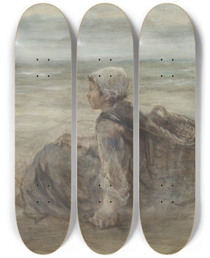 Triptych art skateboard deck of Jozef Israls Vissersmeisje Op Het Strand by Jozef Israels (1824-1911)
