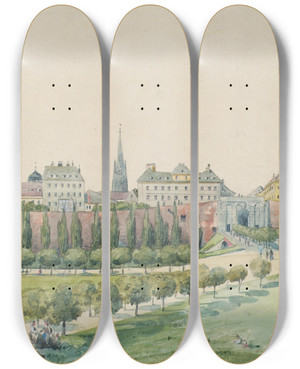Triptych art skateboard deck of Emil Htter Die Stubenbastei Und Das Stubentor In Wien by Emil Hutter (1835-1886)
