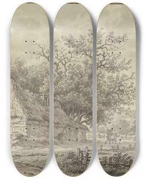 Triptych art skateboard deck of Jan Evert Grave Bauernhaus Unter Bumen An Einem Weg Der Mit Einem Zaun Eingefasst Ist by Jan Evert Grave (1759-1805)