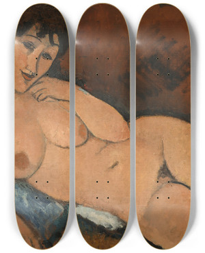 Triptych art skateboard deck of Amedeo Modigliani Nude On A Blue Cushion by Amedeo Modigliani (1884-1920)