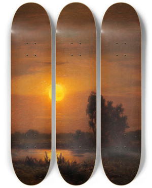 Triptych art skateboard deck of Louis Douzette Mondaufgang Am Weiher by Louis Douzette (1834-1924)
