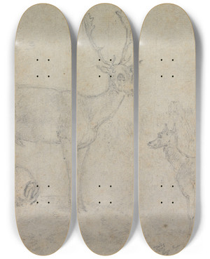 Triptych art skateboard deck of Sawrey Gilpin A Buck And Two Deer by Sawrey Gilpin (1733-1807)