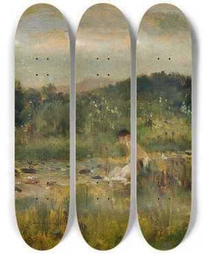 Triptych art skateboard deck of Johann Till The Younger Bachlandschaft Mit Sitzendem Mdchen by Johann Till the younger (1827-1894)