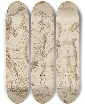 Triptych art skateboard deck of Niklaus Bock Das Parisurteil by Niklaus Bock (1580-1624)