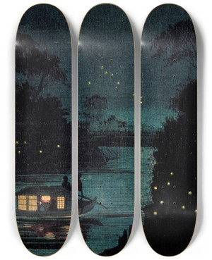 Triptych art skateboard deck of Kobayashi Kiyochika Fireflies At Ochanomizu by Kobayashi Kiyochika (1847-1915)