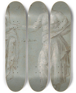 Triptych art skateboard deck of Biagio Pupini A Winged Figure Two Women And A Man by Biagio Pupini (1511-1551)