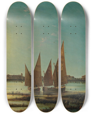 Triptych art skateboard deck of Ludwig Rubelli Von Sturmfest Blick Auf Venedig Im Mondlicht by Ludwig Rubelli Von Sturmfest (1841-1905)
