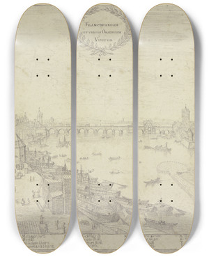 Triptych art skateboard deck of Matthus Merian The Elder Ansicht Von Frankfurt Am Main by Matthus Merian the elder (1593-1650)