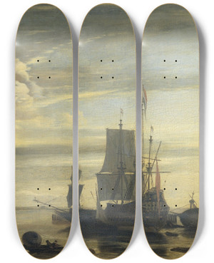 Triptych art skateboard deck of Jan Claesz Rietschoof Harbor At Sunset by Jan Claesz Rietschoof (1651-1719)