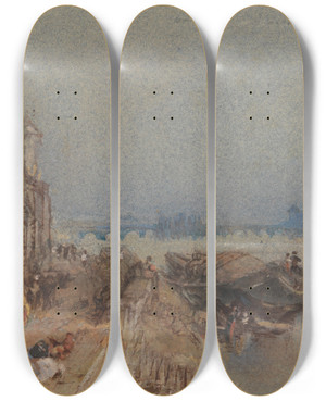 Triptych art skateboard deck of Joseph Mallord William Turner Tours Sunset Looking Backwards by Joseph Mallord William Turner (1775-1851)