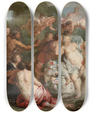 Triptych art skateboard deck of Follower Of Peter Paul Rubens Rape Of Europa by Follower Of Peter Paul Rubens (1577-1640)