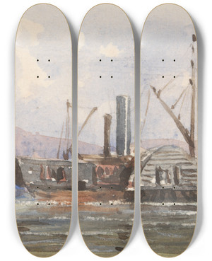 Triptych art skateboard deck of George Jackson A Tug Vessel by George Jackson