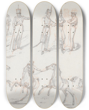 Triptych art skateboard deck of Henry Thomas Alken Landscape Scenery No 13 Groups Of Infantry And Army Horses by Henry Thomas Alken (1785-1851)