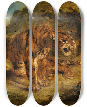 Triptych art skateboard deck of Eugne Delacroix Tiger On The Lookout by Eugene Delacroix (1798-1863)