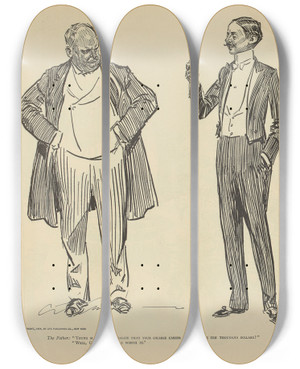 Triptych art skateboard deck of Charles Dana Gibson Another Getrichquick Swindle by Charles Dana Gibson (1867-1944)