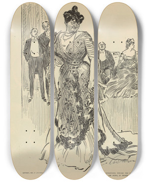 Triptych art skateboard deck of Charles Dana Gibson Are Your Intentions Toward The Widow Serious by Charles Dana Gibson (1867-1944)