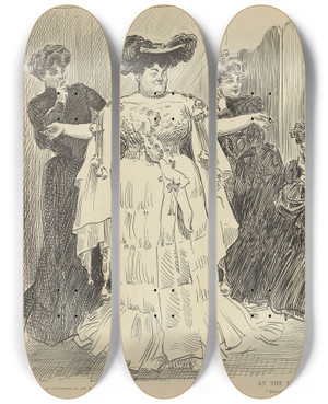 Triptych art skateboard deck of Charles Dana Gibson At The Dressmakers by Charles Dana Gibson (1867-1944)