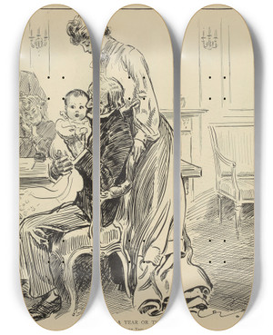 Triptych art skateboard deck of Charles Dana Gibson A Year Or Two Later by Charles Dana Gibson (1867-1944)