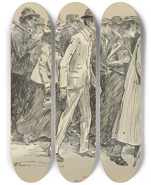 Triptych art skateboard deck of Charles Dana Gibson Going To Work by Charles Dana Gibson (1867-1944)