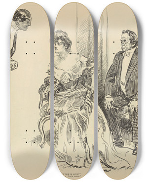 Triptych art skateboard deck of Charles Dana Gibson He Shall We Talk Or Dance by Charles Dana Gibson (1867-1944)