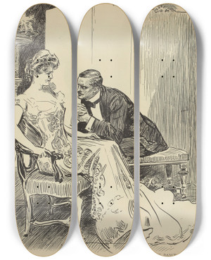 Triptych art skateboard deck of Charles Dana Gibson His Dance by Charles Dana Gibson (1867-1944)