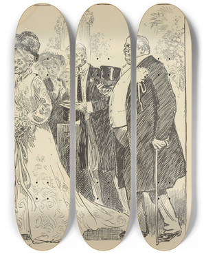 Triptych art skateboard deck of Charles Dana Gibson Married At Last by Charles Dana Gibson (1867-1944)