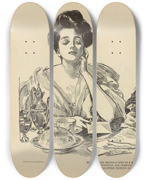 Triptych art skateboard deck of Charles Dana Gibson Miss Babbles Brings A Copy Of A Morning Paper by Charles Dana Gibson (1867-1944)