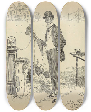 Triptych art skateboard deck of Charles Dana Gibson Mr A Merger Hogg Is Taking A Few Days Muchneeded Rest At His Country Home by Charles Dana Gibson (1867-1944)
