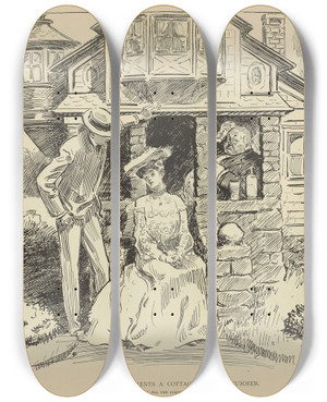 Triptych art skateboard deck of Charles Dana Gibson Mr Wiggs Rents A Cottage For The Summer by Charles Dana Gibson (1867-1944)
