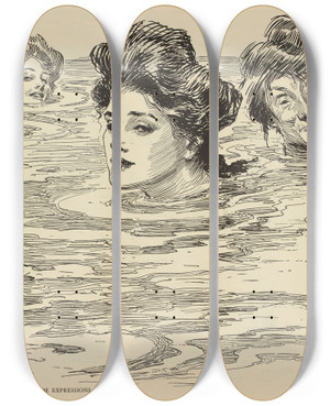 Triptych art skateboard deck of Charles Dana Gibson Seaside Expressions by Charles Dana Gibson (1867-1944)