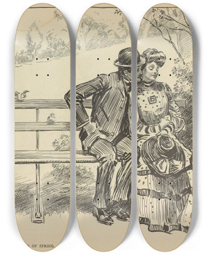 Triptych art skateboard deck of Charles Dana Gibson Signs Of Spring by Charles Dana Gibson (1867-1944)