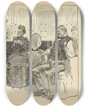Triptych art skateboard deck of Charles Dana Gibson Some Of The Caretakers Relations by Charles Dana Gibson (1867-1944)