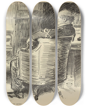 Triptych art skateboard deck of Charles Dana Gibson The Funny Artist by Charles Dana Gibson (1867-1944)