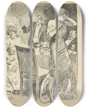 Triptych art skateboard deck of Charles Dana Gibson Their Daughter In The City by Charles Dana Gibson (1867-1944)