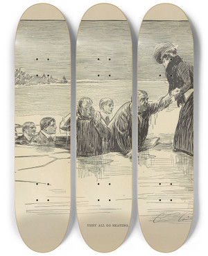 Triptych art skateboard deck of Charles Dana Gibson They All Go Skating by Charles Dana Gibson (1867-1944)