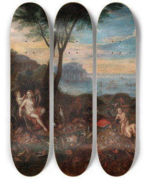 Triptych art skateboard deck of Follower Of Jan Brueghel The Elder An Allegory Of Water by Follower Of Jan Brueghel The Elder (1568-1625)