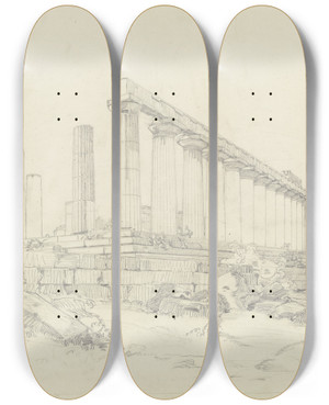 Triptych art skateboard deck of Ludwig Metz Temple Of Juno Near Agrigento by Ludwig Metz Triptych art skateboard deck of Ludwig Metz Temple Of Juno Near Agrigento by Ludwig Metz