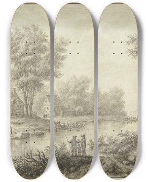 Triptych art skateboard deck of Johann Caspar Zehender Blick Auf Einen Flu Am Linken Ufer Eine Husergruppe Unter Bumen Im Vordergrund Eine Anglergruppe by Johann Caspar Zehender (1742-1805)