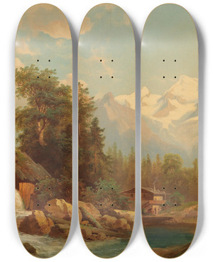 Triptych art skateboard deck of Josef Thoma Mhle Am Gebirgsbach by Josef Thoma (1828-1899)