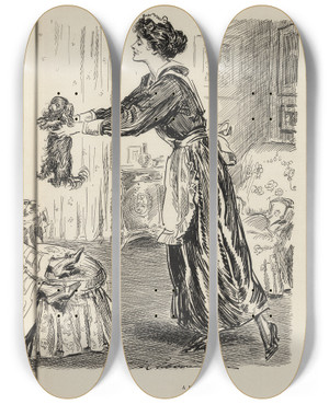 Triptych art skateboard deck of Charles Dana Gibson A Dogs Life by Charles Dana Gibson (1867-1944)