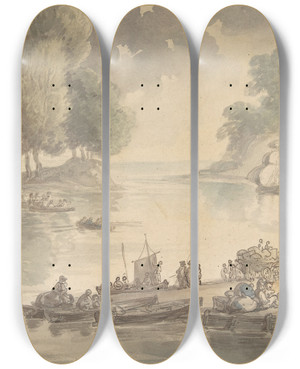 Triptych art skateboard deck of Thomas Rowlandson The Inn At The Ford by Thomas Rowlandson (1756-1827)