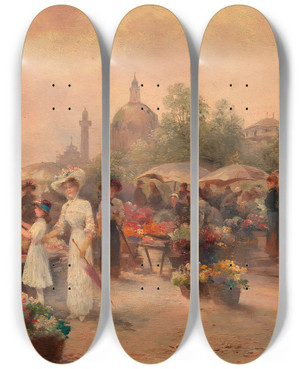 Triptych art skateboard deck of Emil Barbarini Blumenmarkt Am Alten Naschmarkt by Emil Barbarini (1855-1933)