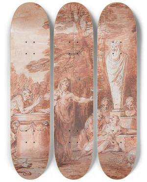Triptych art skateboard deck of Claude Gillot Celebration In Honor Of The God Pan by Claude Gillot (1673-1722)