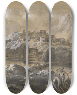 Triptych art skateboard deck of Francesco Zuccarelli Mountainous River Landscape With Bathers by Francesco Zuccarelli (1702-1788)